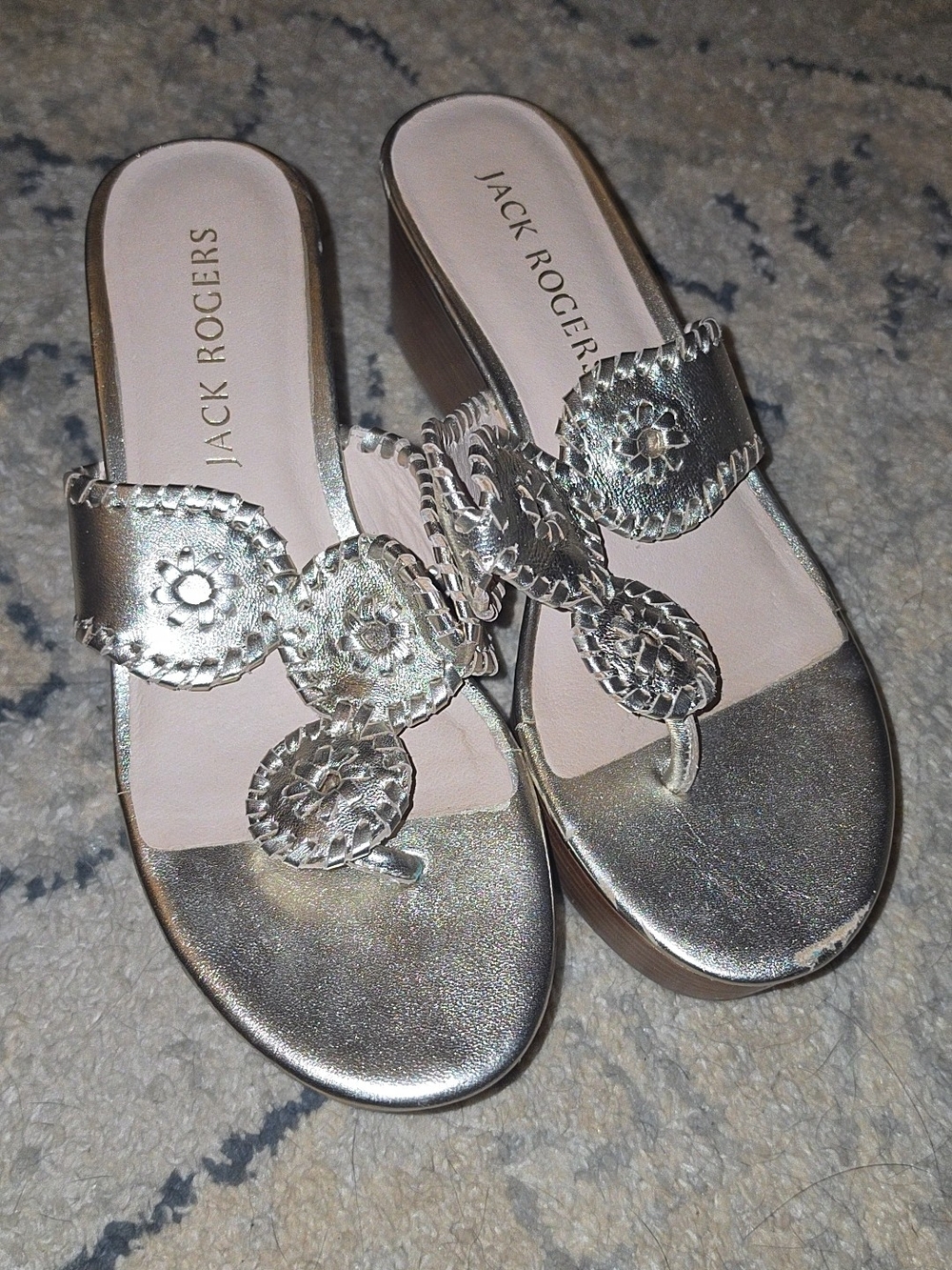 Jack Rogers Silver Metallic Wedge Mules with Medallion Trim